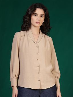 FITHUB - Dark Beige Shawl Lapel Collar Puff Sleeves Shirt