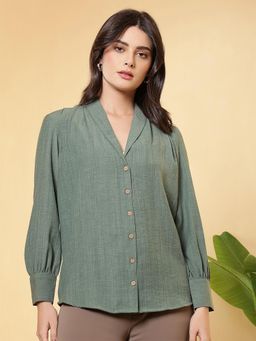 FITHUB - Green Shawl Lapel Collar Puff Sleeves Shirt