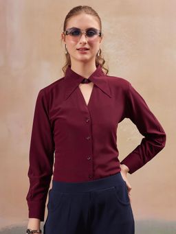 FITHUB - Maroon Cutaway Collar Solid Formal Shirt