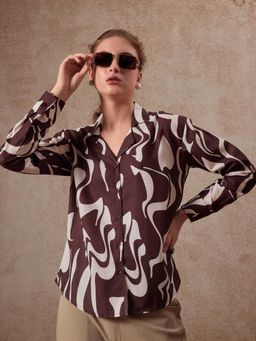 FITHUB - Brown Abstract Printed Cuban Collar Casual Shirt