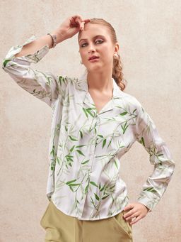 FITHUB - White and Green Leaf Printed Satin Shirt