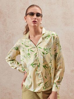 FITHUB - Yellow and Green Leaf Printed Satin Shirt