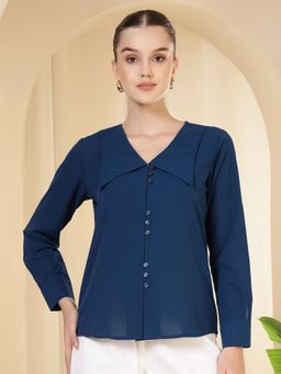 FITHUB - Blue Full Sleeves Pointed Collar Shirt