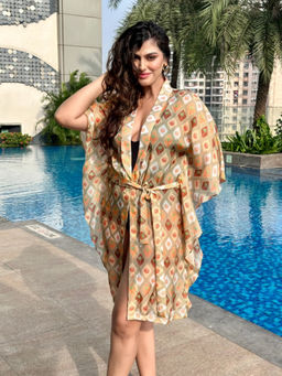 Trove Label - Beige Printed Flowy Swim Cover-Up