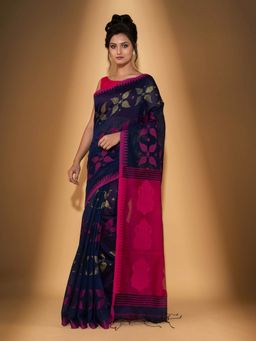 Beatitude - Navy Blue Blended Cotton Woven Saree with Unstitched Blouse