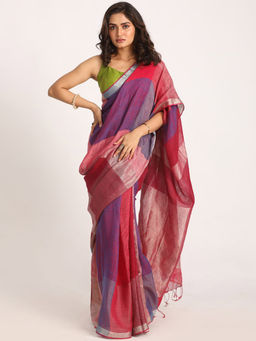Angoshobha - Multi-Color Handloom Linen Saree with Unstitched Blouse
