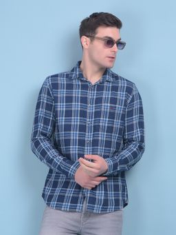 CRIMSOUNE CLUB - Mens Navy Blue Tartan Check Cotton Shirt