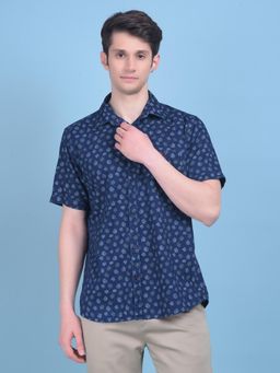 CRIMSOUNE CLUB - Mens Navy Blue Floral Print Cotton Shirt