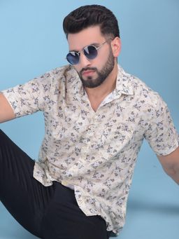 CRIMSOUNE CLUB - Mens Beige Floral Print Cotton Shirt