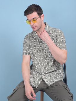 CRIMSOUNE CLUB - Mens Printed Olive Cotton Shirt