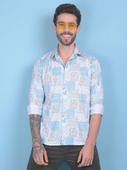 CRIMSOUNE CLUB - Mens Blue Floral Print Cotton Shirt