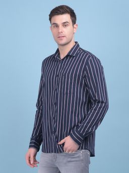 CRIMSOUNE CLUB - Mens Navy Blue Vertical Stripes Cotton Shirt