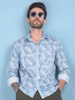 CRIMSOUNE CLUB - Mens Blue Floral Print Cotton Shirt