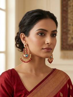 JYONA - Gold-Plated Peacock Meenakari Dangler Earrings with Kundan and Ruby Red Beads