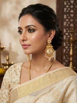 JYONA - Gold-Plated Traditional Kundan and Pearl Dangler Earrings with White Meenakari