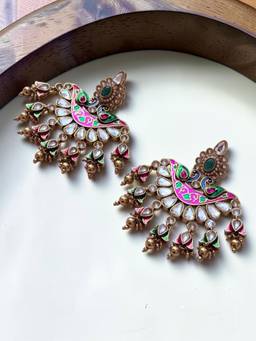 Rebekah - Royal Pink and Green Meenakari Kundan Earrings