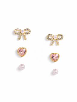 MINOUS - Silver Tiny Pink Heart and Bow Stud Set of 3 (Pack of 3)