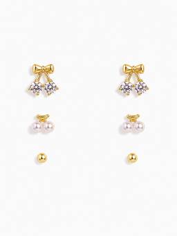MINOUS - Silver Set of 3 Tiny Studs Bow, Pearl and Classic Ball (Pack of 3)