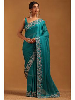 Soch - Womens Teal Chiffon Saree with Unstitched Blouse