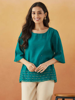 Fabindia - Green Cotton Silk Embroidered Top