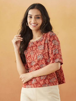 Fabindia - Red Cotton Kalamkari Printed Short Top