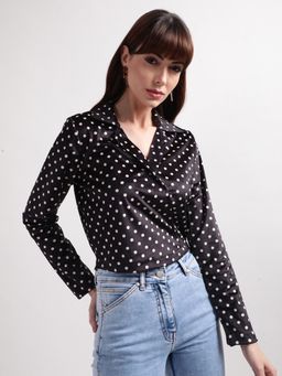 ELLE - Women Black Polka Dots Collar Neck Full Sleeves Top