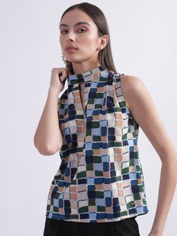 ELLE - Women Blue Printed Keyhole Neck Sleeveless Top