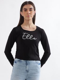 ELLE - Women Black Solid Round Neck Full Sleeves Top