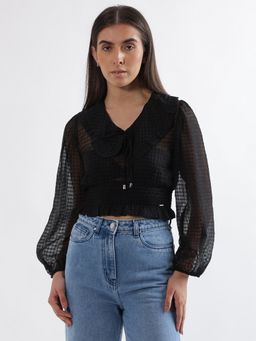 ELLE - Women Black Textured Peter Pan Collar Full Sleeves Top