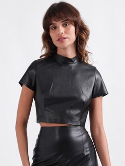 ELLE - Women Black Solid High Neck Short Sleeves Top