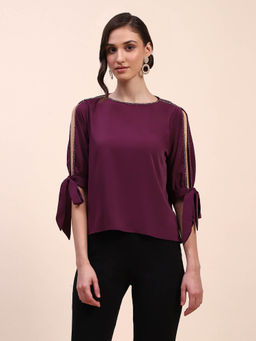 CAMLA - Barcelona Tie Detailed Crew Neck Solid Wine Top