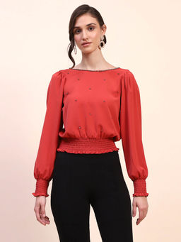 CAMLA - Barcelona Embellished Boat Neck Cinch Waist Red Top