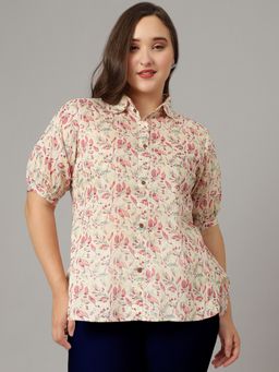 Curvy Lane - Plus Size Floral Printed Shirt Style Modal Top