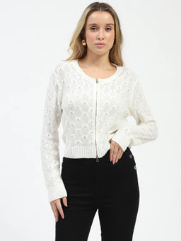 Madame - Textured Round Neck Off White Zip Up Knit Top