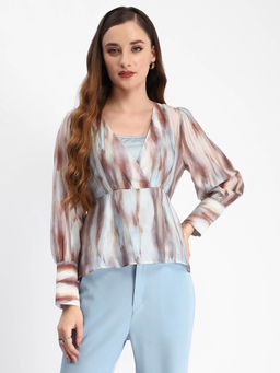 Madame - Blue Abstract Print Cuff Sleeve Peplum Top