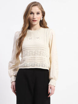 Madame - Crochet Knit Beige Cotton Top