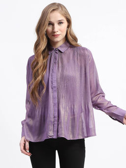 Madame - Shimmer Pleated Hem Sheer Lilac Shirt