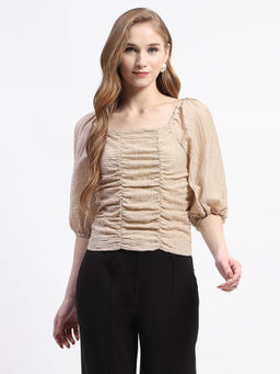 Madame - Beige Ruched Top with Puff Sleeves