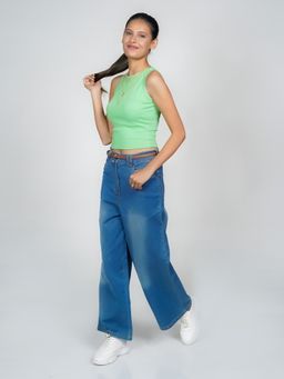 Zink London - Women Green Solid Basic Crop Top