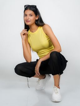 Zink London - Women Yellow Solid Basic Crop Top