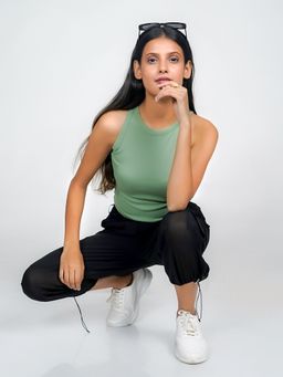 Zink London - Women Green Solid Basic Crop Top