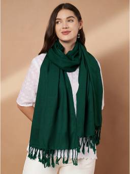 Zamour - Women Plain Woollen Green Stole with Fringes