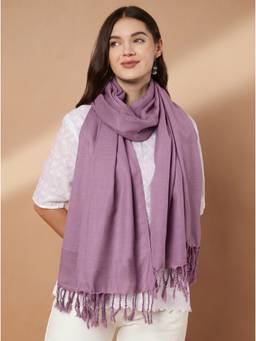 Zamour - Women Plain Woollen Mauve Stole with Fringes