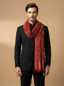 MUFFLY - Men Kani Weave Kashmiri Floral Jaal Wool Blend Red Stole