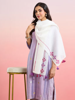 Fabindia - White Cotton Silk Blend Embroidered Stole