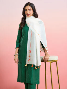 Fabindia - White Cotton Silk Blend Embroidered Stole