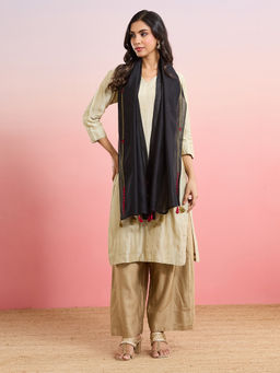 Fabindia - Black Cotton Silk Blend Embroidered Stole