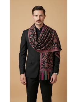 MUFFLY - Men Kani All Over Woven Floral Wool Blend Black Stole