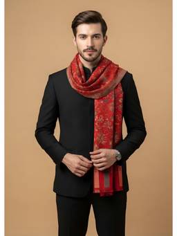 MUFFLY - Men Kani All Over Woven Floral Wool Blend Red Stole