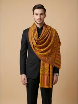 MUFFLY - Men Kani All Over Woven Floral Wool Blend Mustard Stole